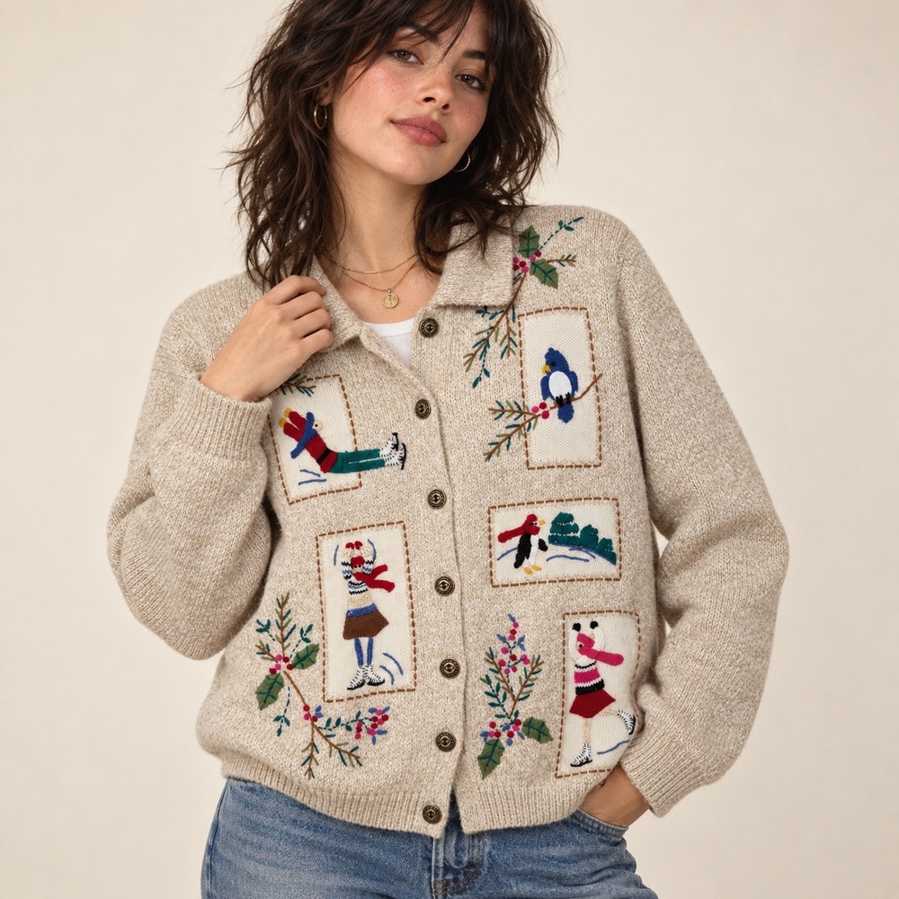 Vintage Ice Skating Cardigan Bird Penguin Beige Ramie Cotton Knit Sweater M